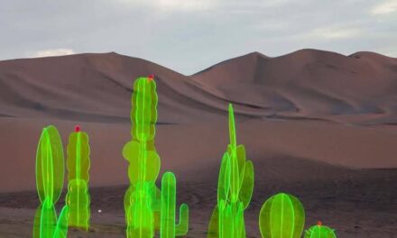 Esculturas de cactus y hojas fluorescentes