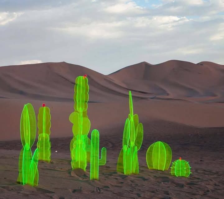 Esculturas de cactus y hojas fluorescentes